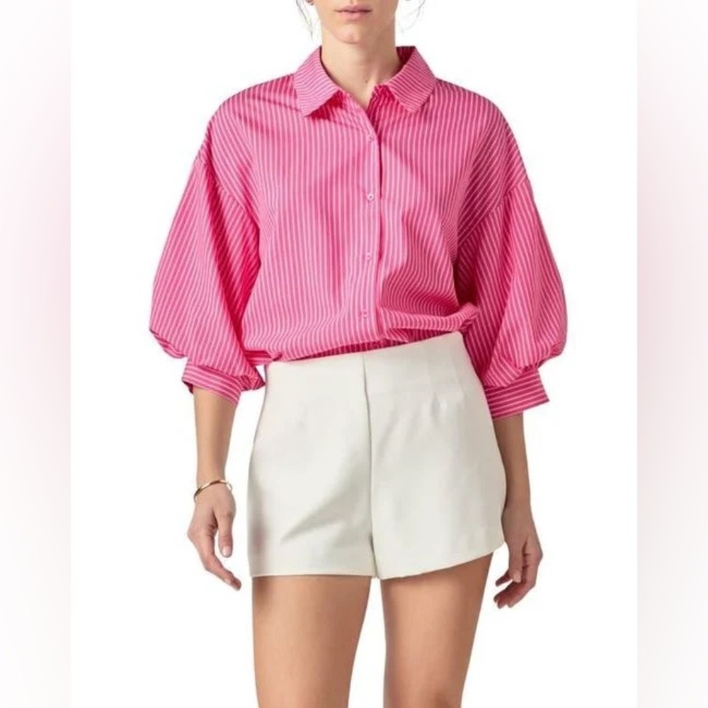 English Factory Striped Balloon Sleeve Collared Shirt in Fuchsia Size L